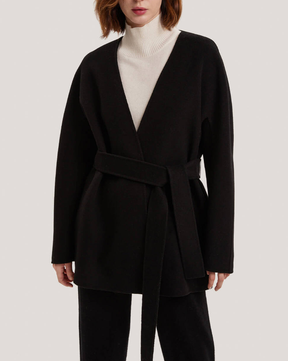 V Neck Cashmere Wrap Coat - Black, L image