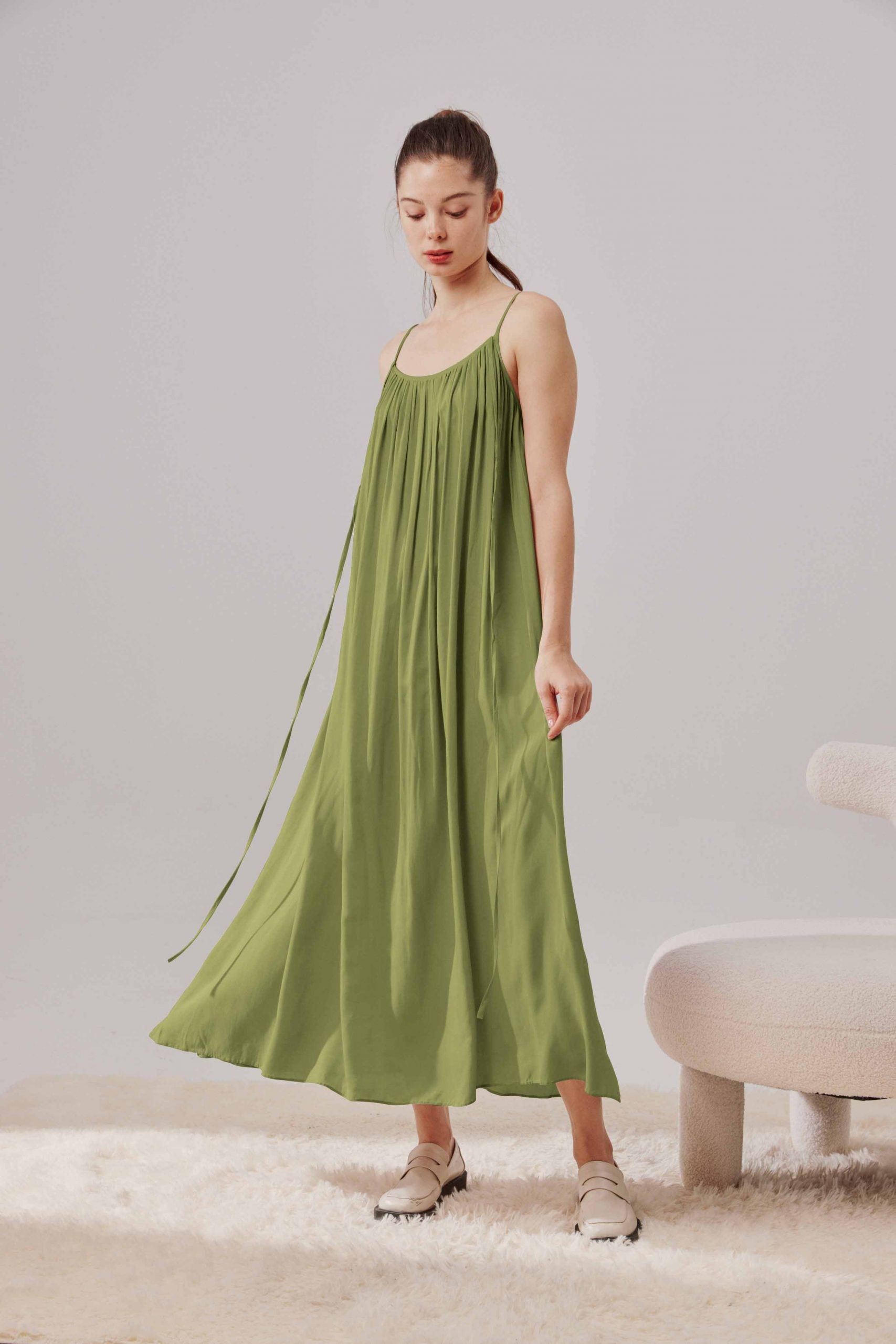 Spaghetti Strap Relaxed Long Dress - Moss Green, OS image