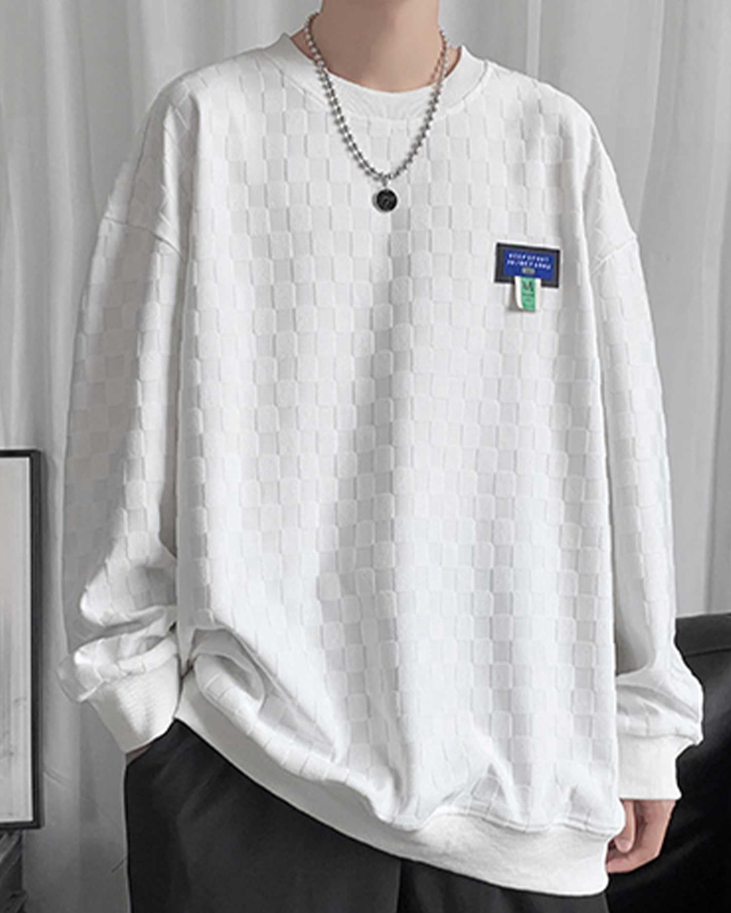 Plaid Jacquard Crewneck Sweatshirt - White, XXXL image