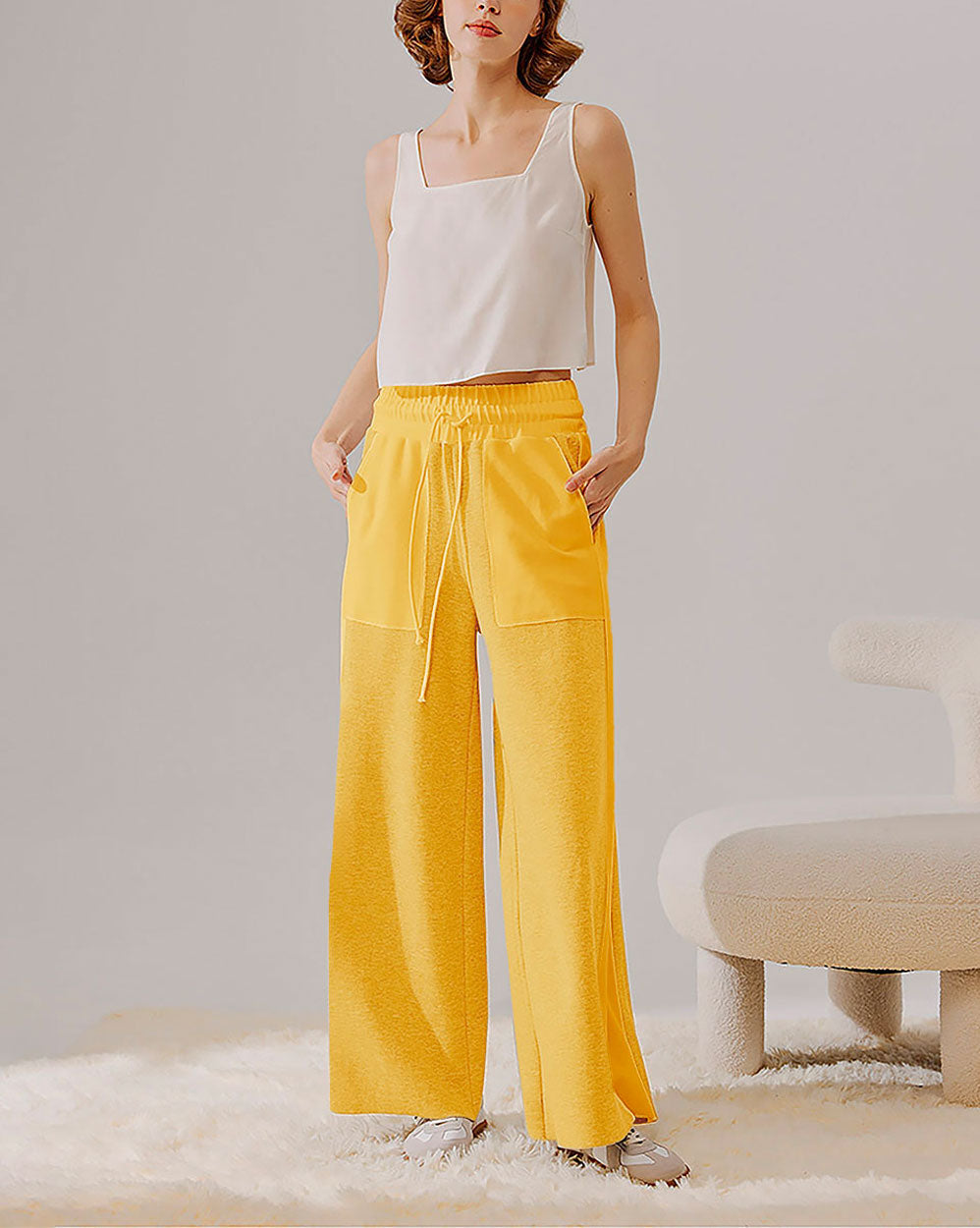 Drawstring Wide Leg Paneled Pants - Mustard Yellow, M image