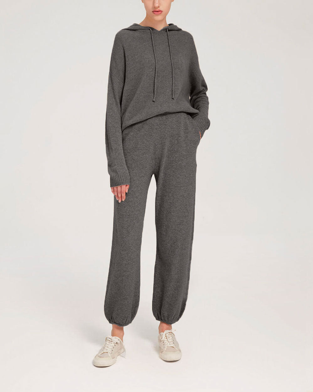 Fine-Knit 100% Wool Hoodie Set - Charoal, XL image