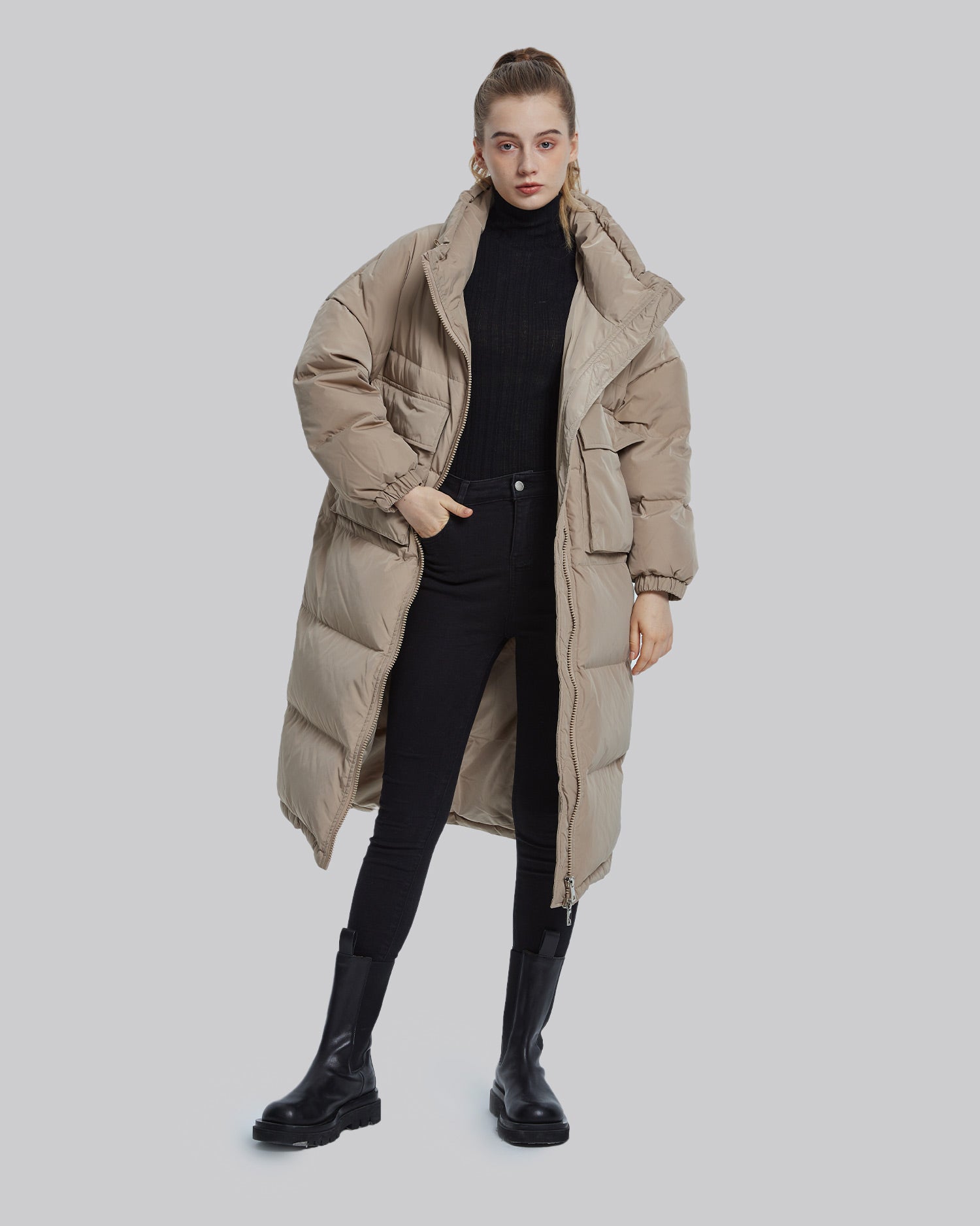High Collar Duck Down Jacket - Sand, S image
