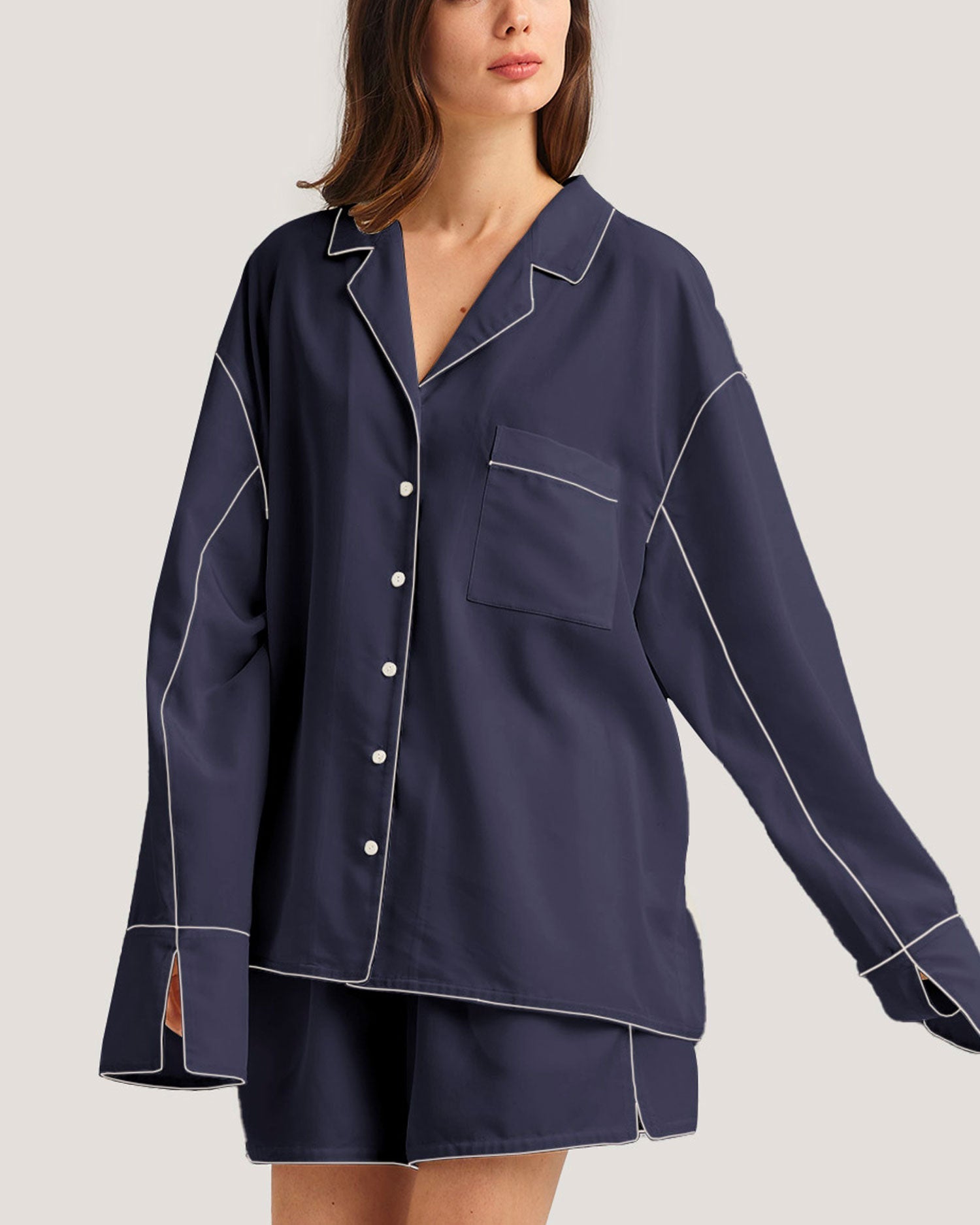 Classic Buttoned Pocket Front PJ Top - Navy Blue, S image