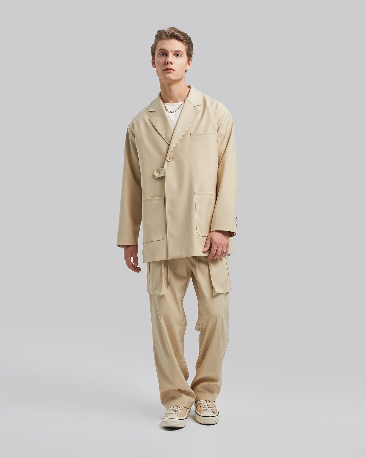 Single-Button Patch Pocket Blazer - Beige, M image