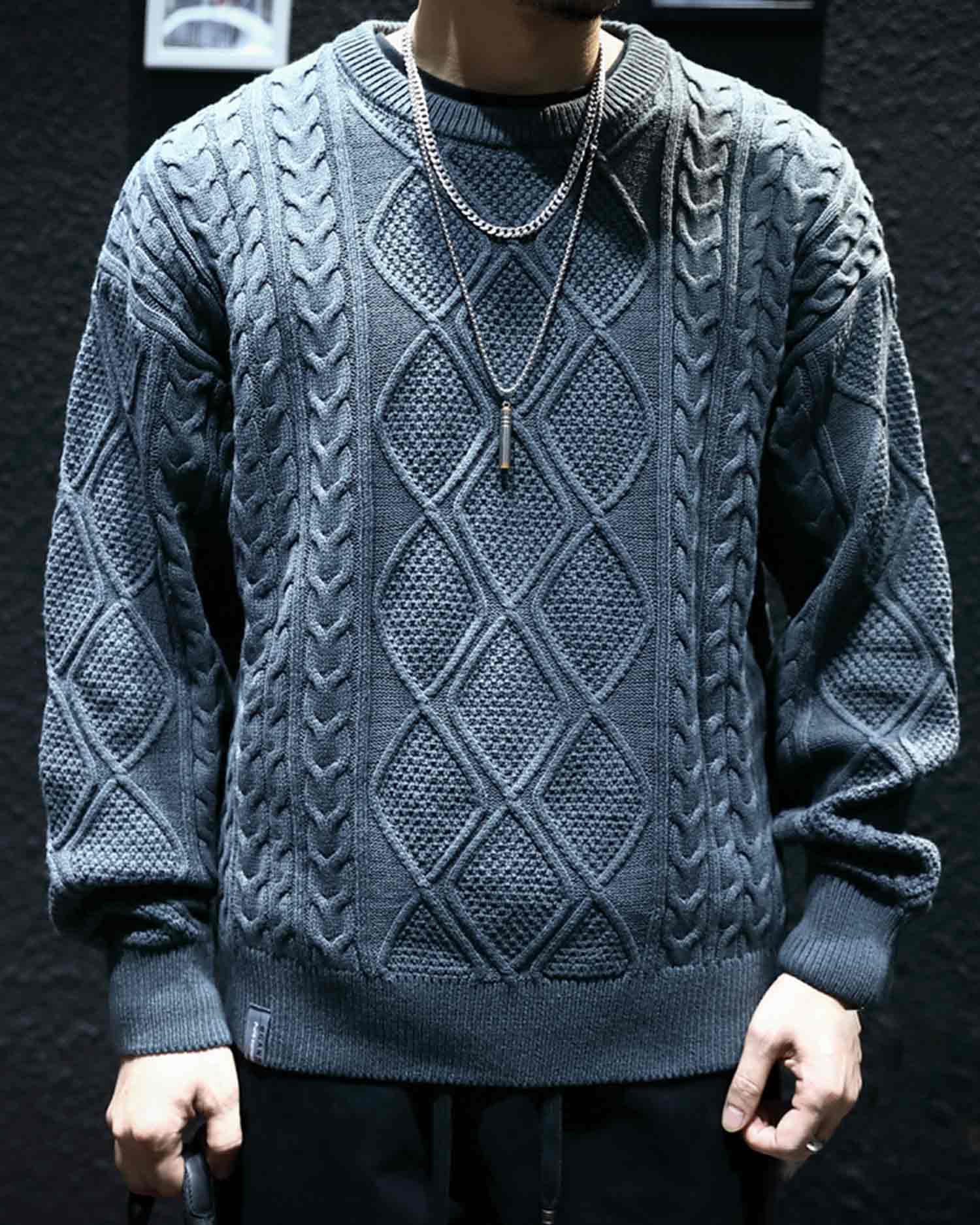 Cable Knitted Cotton Sweater - Steel Blue, XXXL image