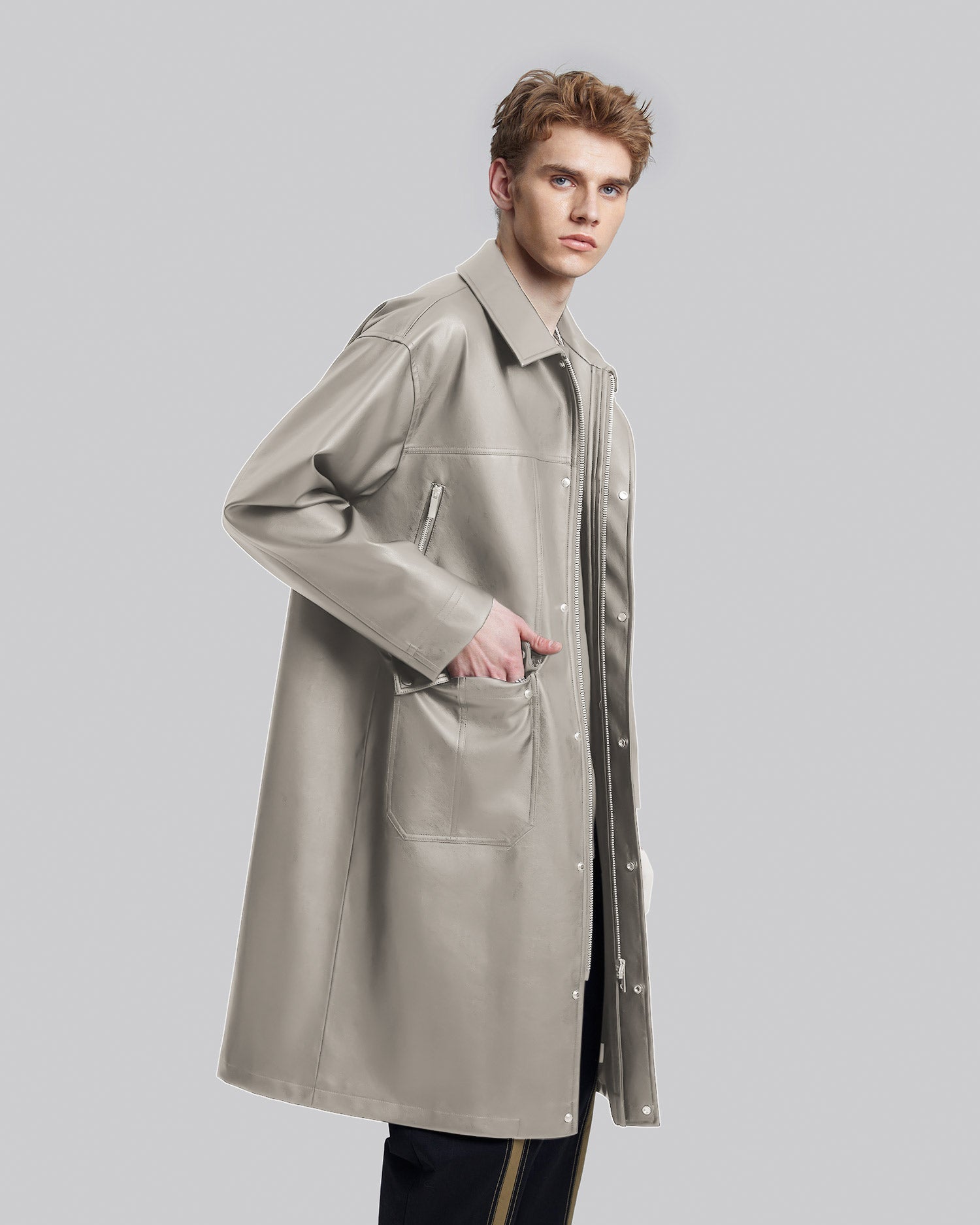 Multi-Pocket Leather-Like Long Coat image 3