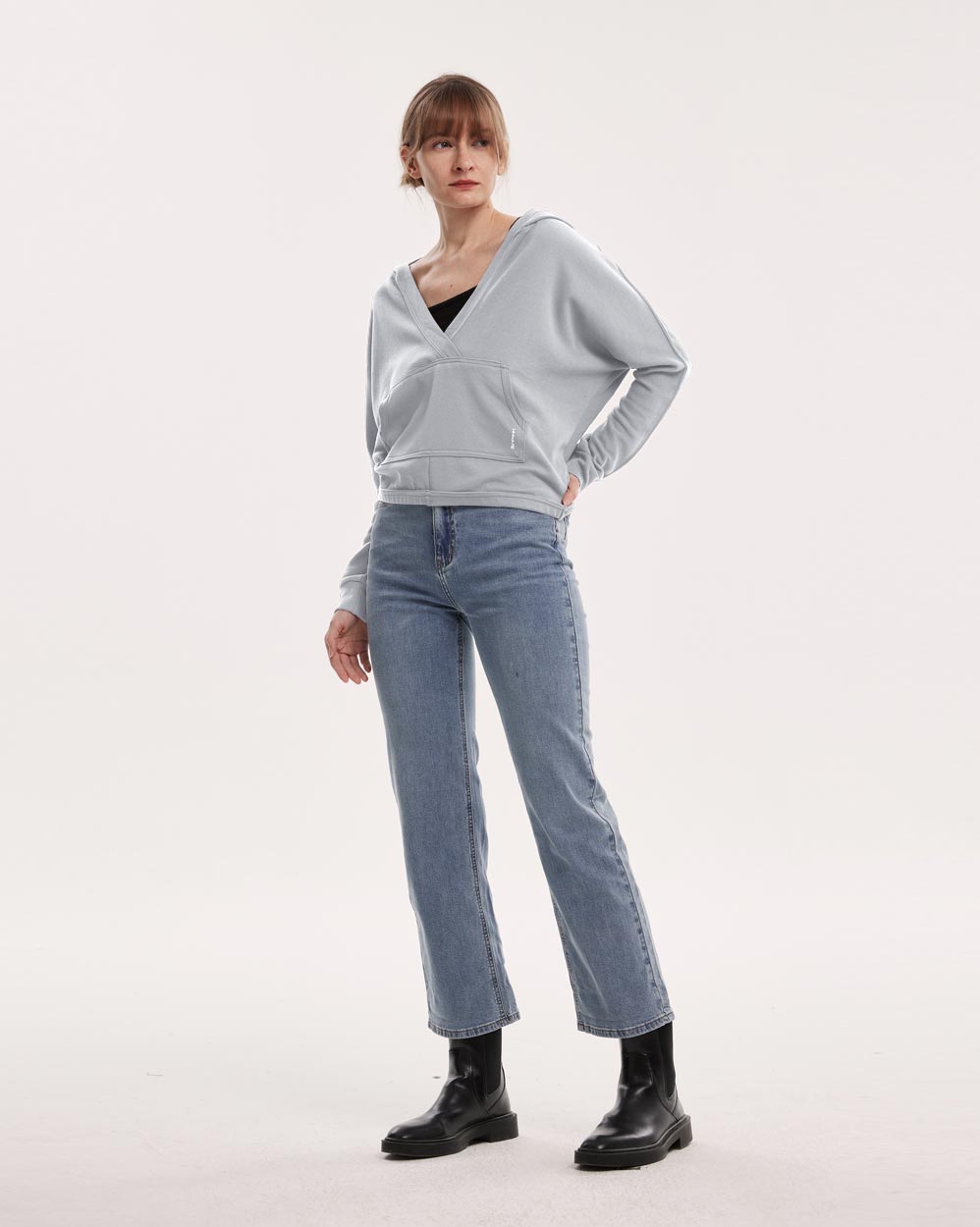 V-Neck Plain Hoodie - Gray, L image