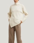 Asymmetrical Slit 100% Wool Sweater - Ivory, L image