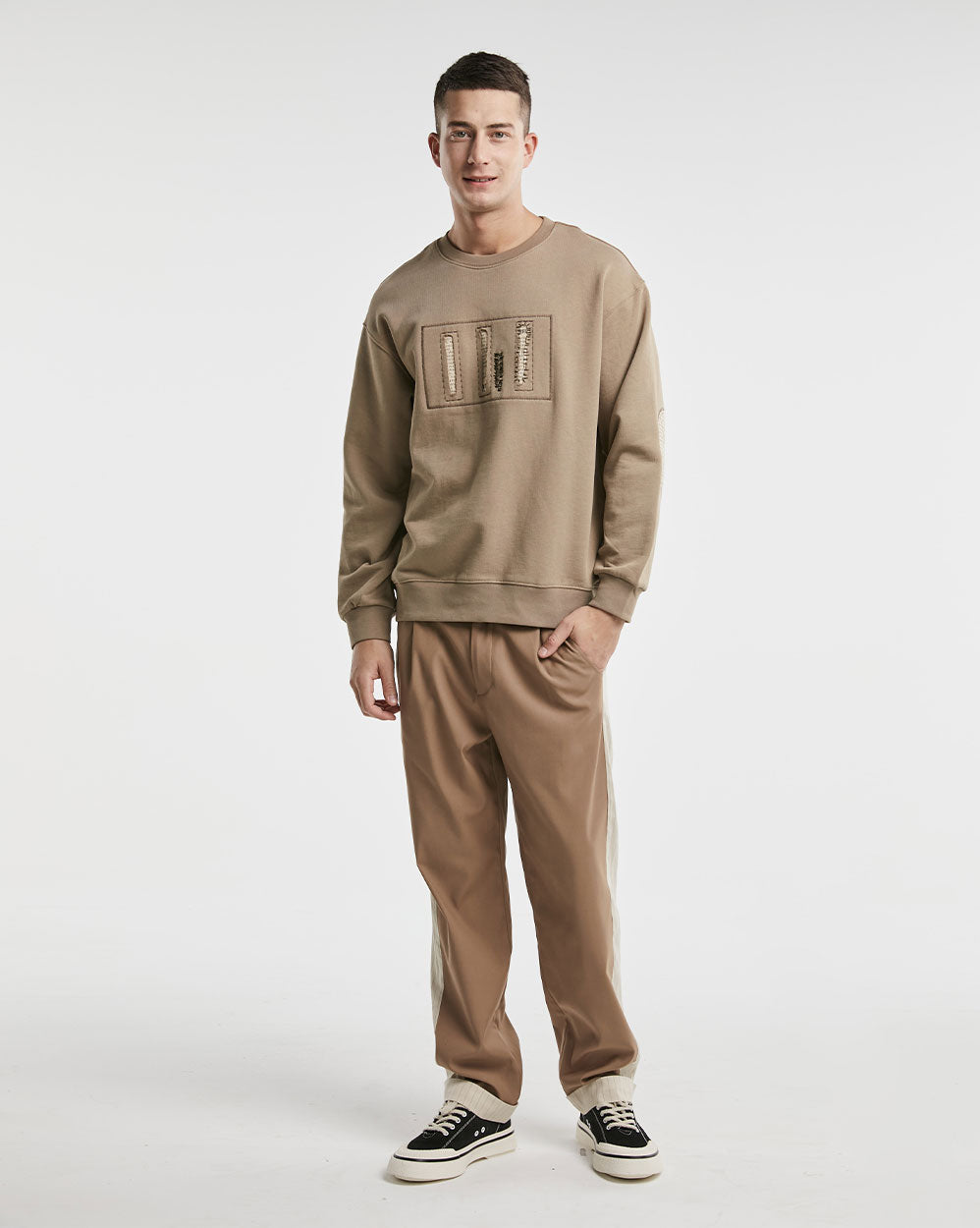 Crewneck Cotton Sweatshirt With Graphics - Khaki, M image