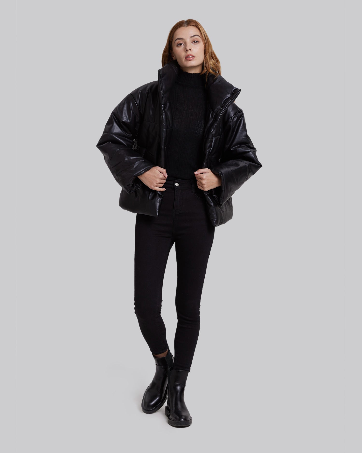 Faux-Leather Puffer Jacket - Black, L image
