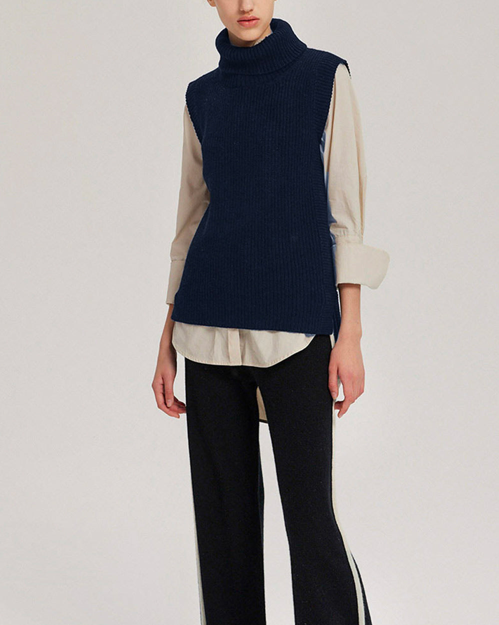 Turtleneck Knitted Pure Merino Wool Vest - Navy, XXL image
