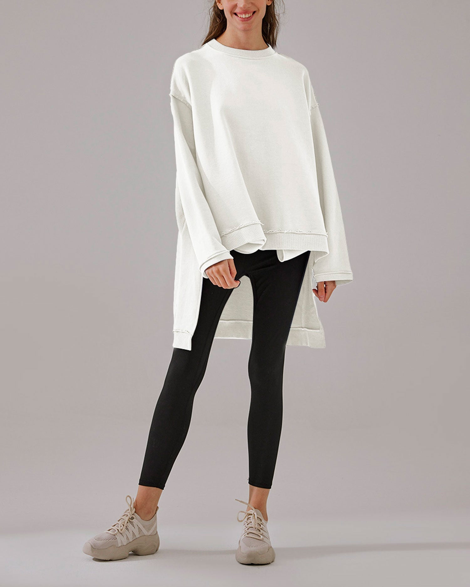 Stepped-Hem Cotton Sweatshirt - White, L image
