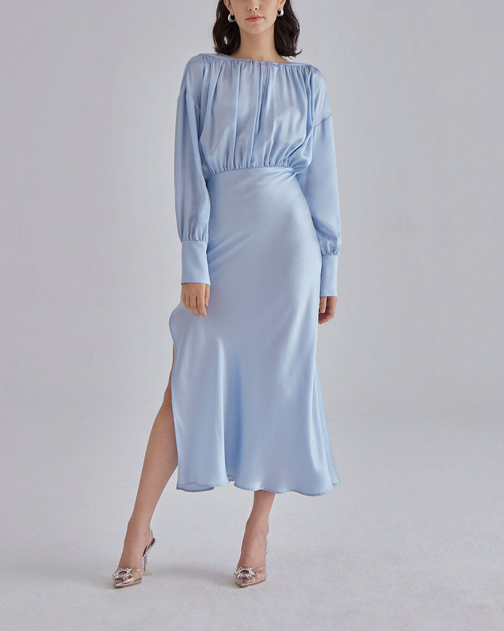 Elegant Side Slit Maxi Silk Dress - Baby blue, M image