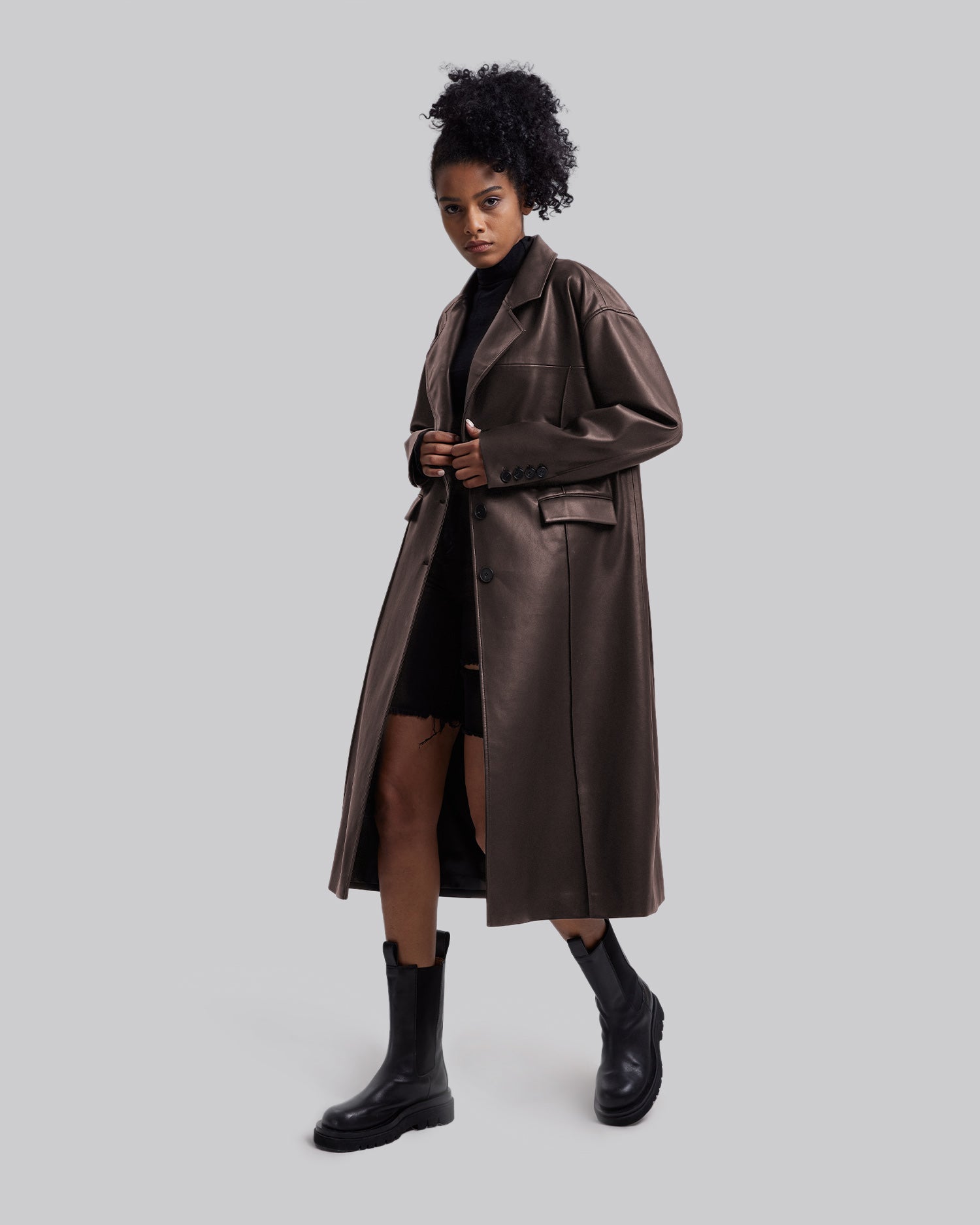 Faux Leather Coat with Pinched Pleats - Brown, M image