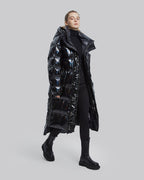 Long Puffer Jacket with Adjustable Waistline - Black, M image