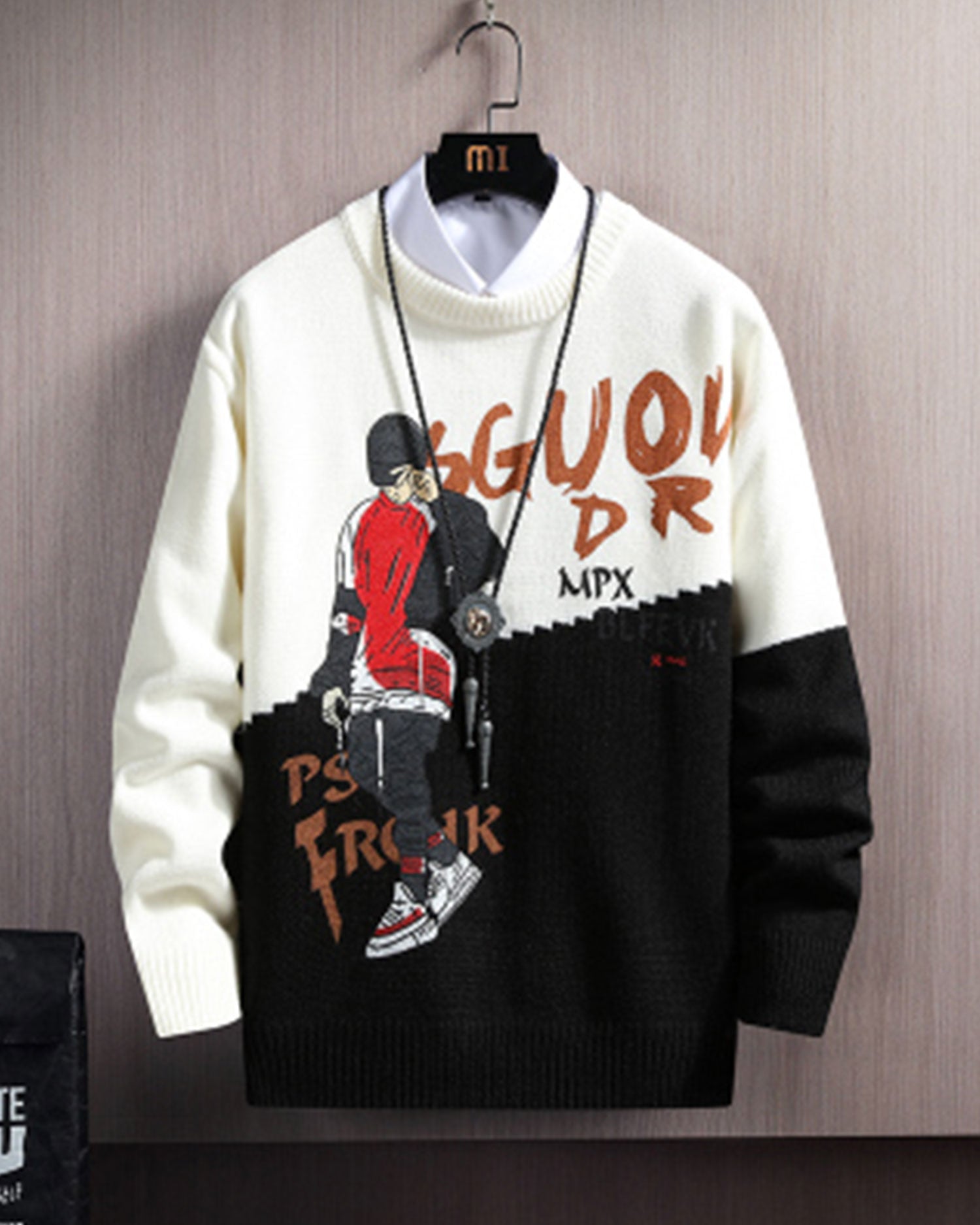 Printed Colorblock Knit Jumper - Black White, XXXL image