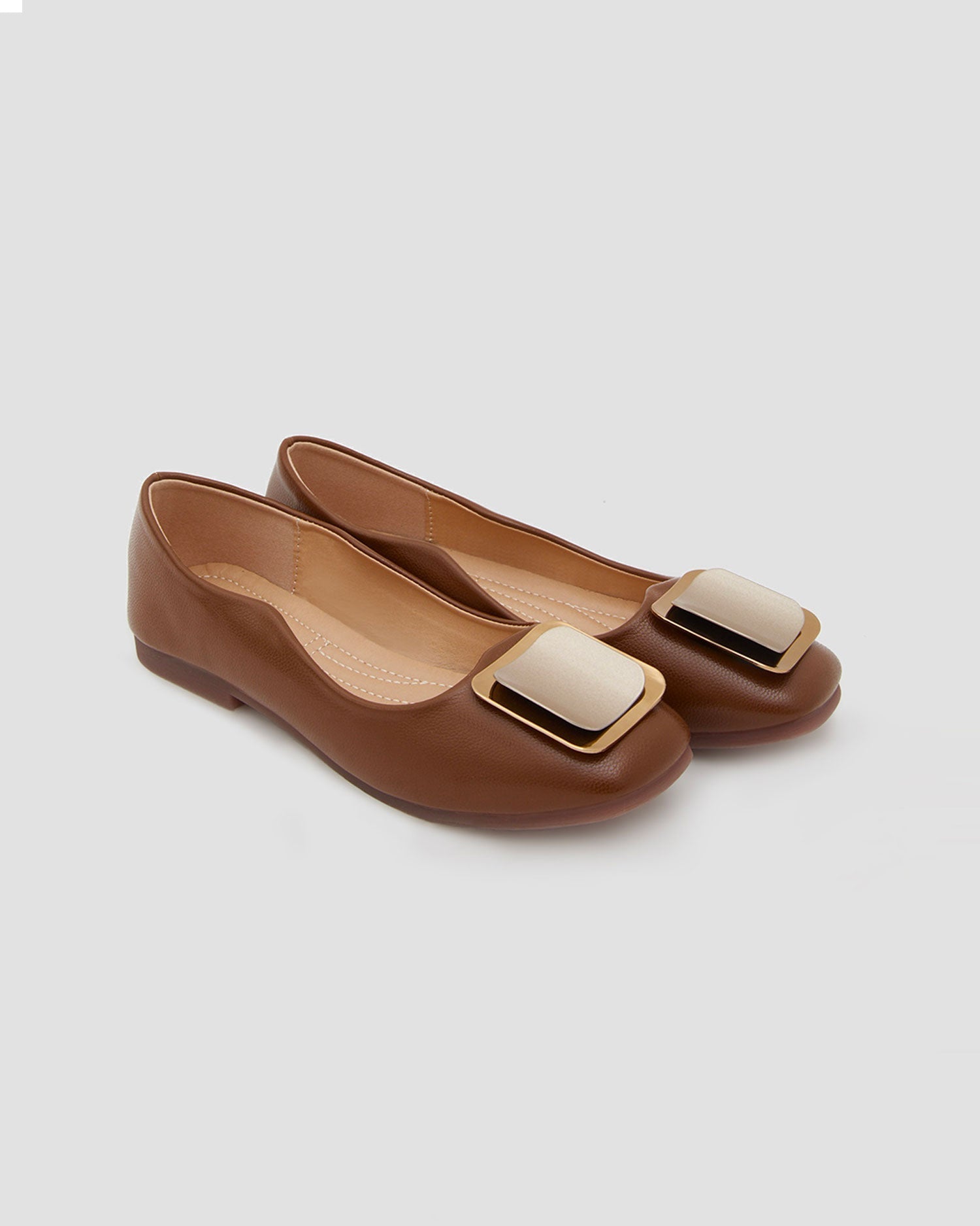 Square Buckle Flat Shoes - Brown, 11 image