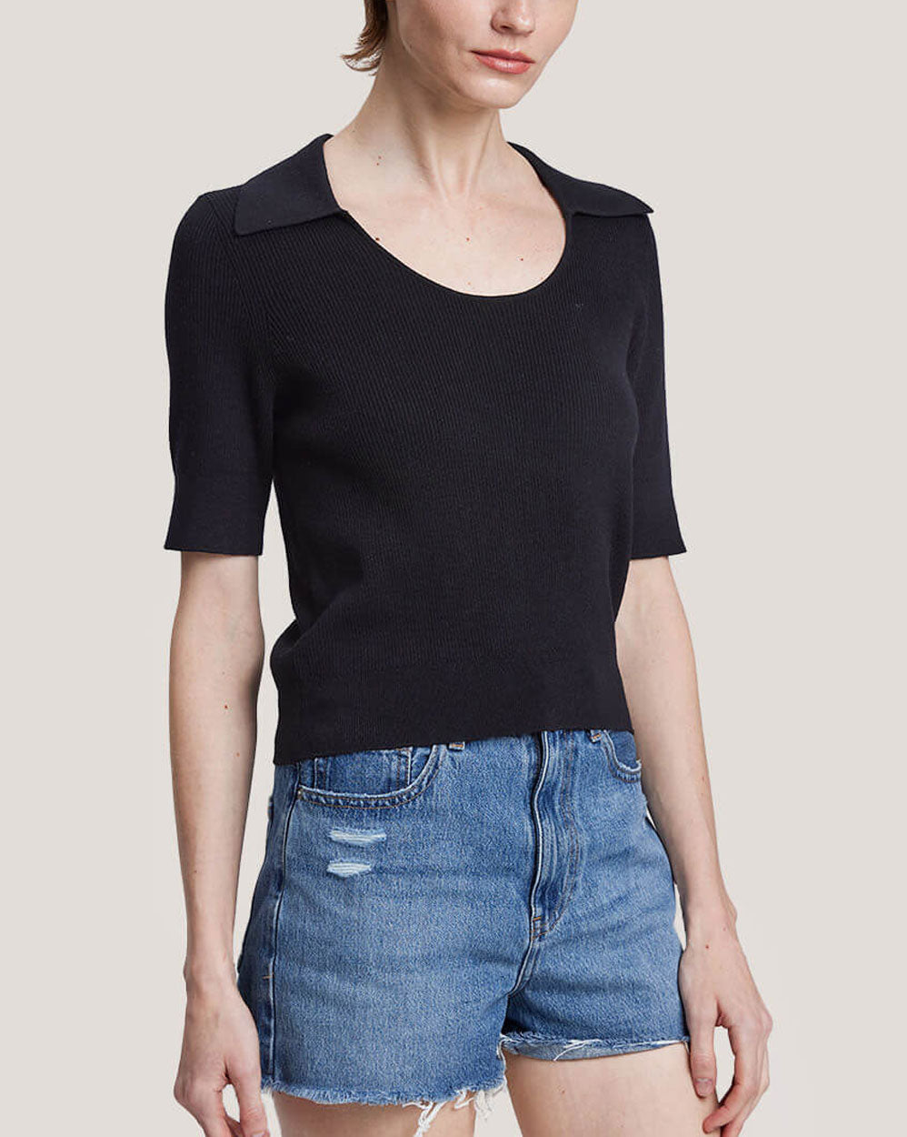 Pure Wool Scoop Neck Short Sleeve Top - Black, L image