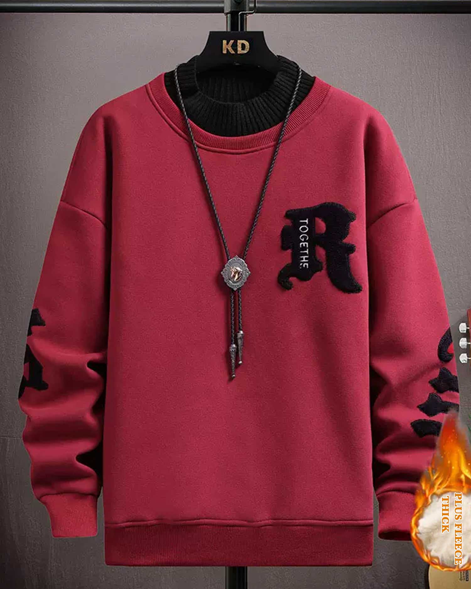 Fleece Lined Cotton Pullover - Burgundy, XL image