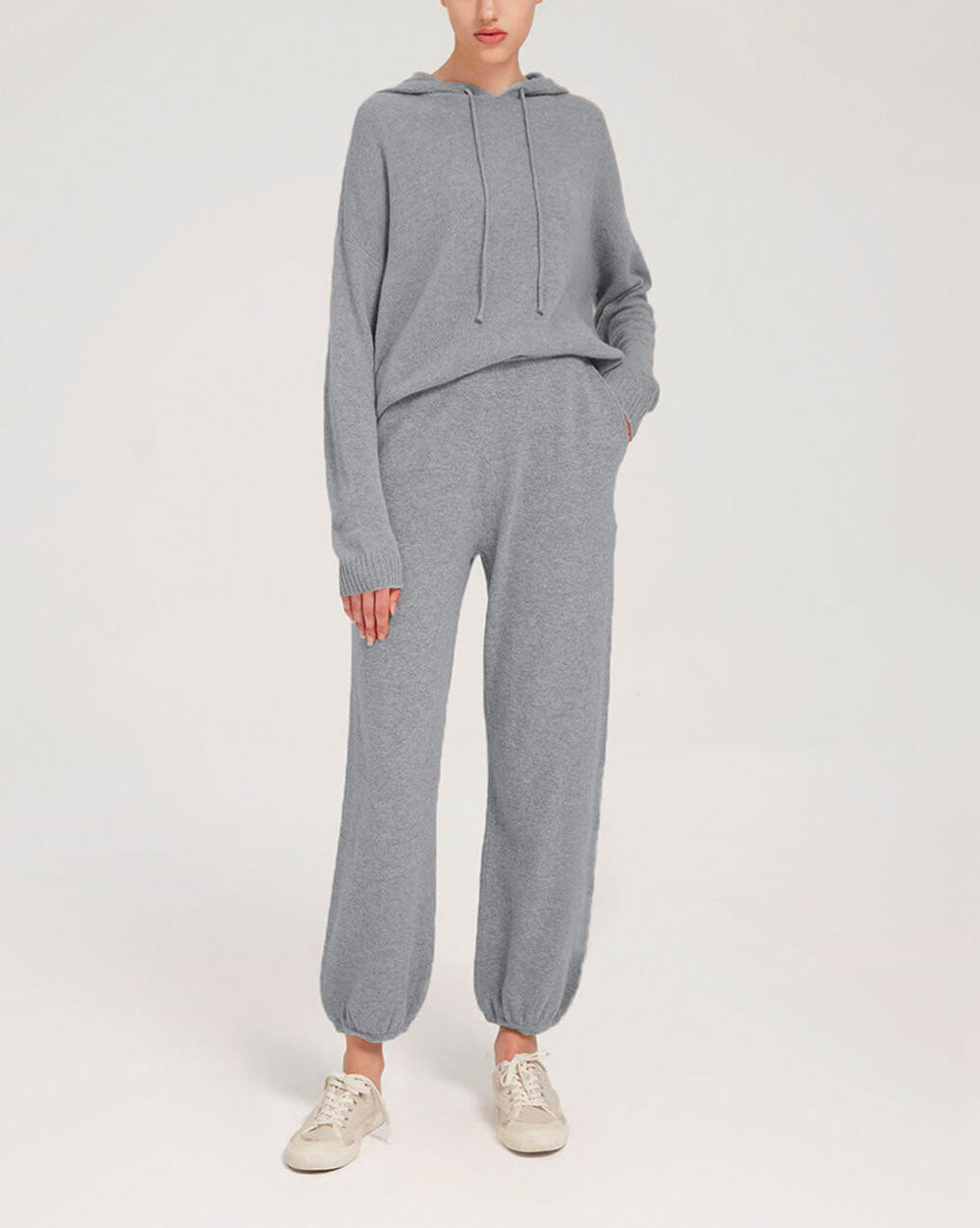 Fine-Knit 100% Wool Hoodie Set - Grey, L image
