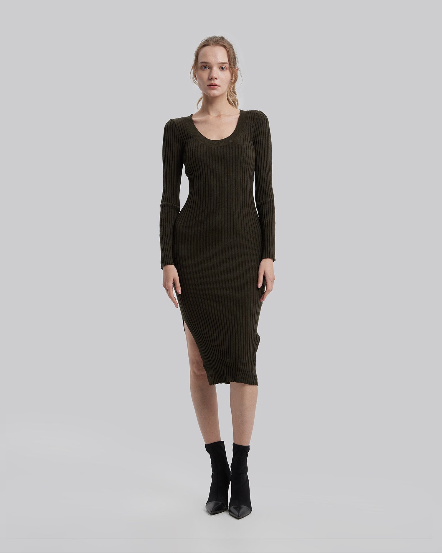 Long Sleeve Fitted Dress - Army Green, L image