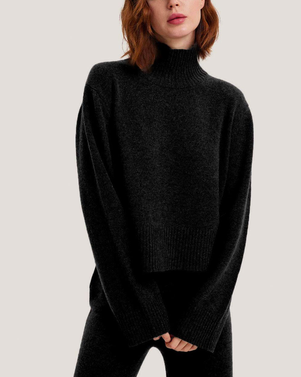 Cashmere Cropped Turtleneck Sweater - Black, L image