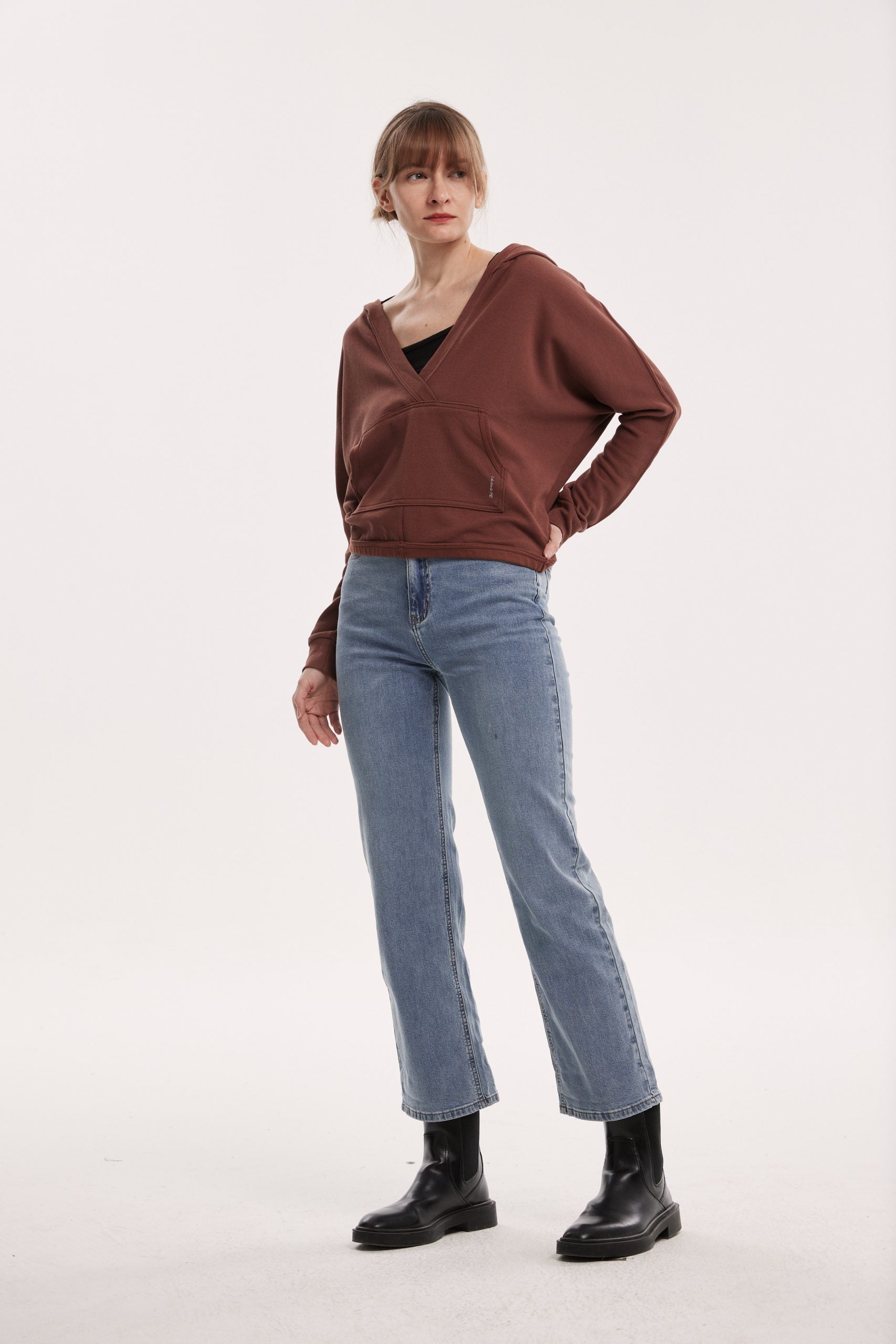 V-Neck Plain Hoodie - Coffee, L image