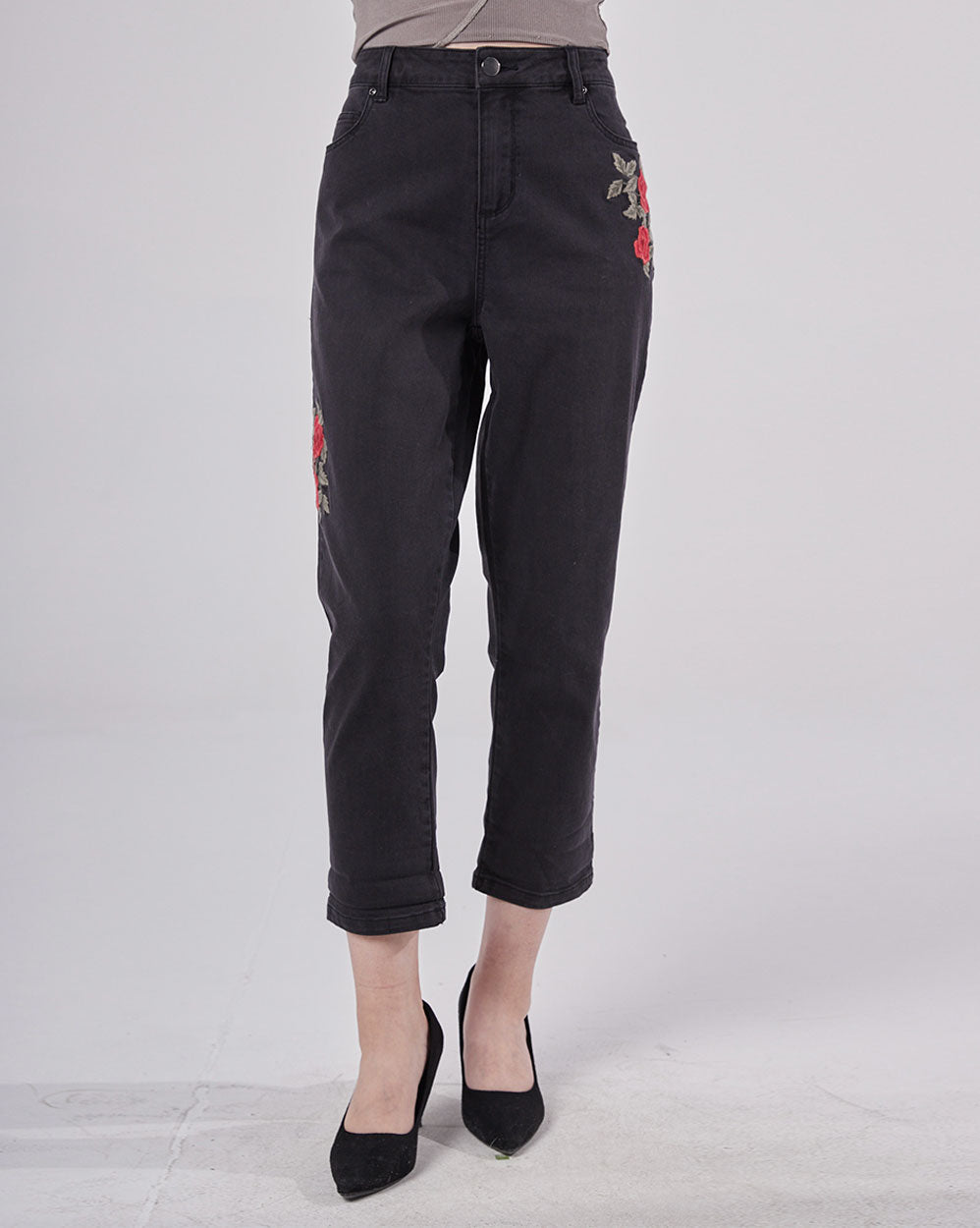 Flower Pattern Loose Jeans - Black, S image